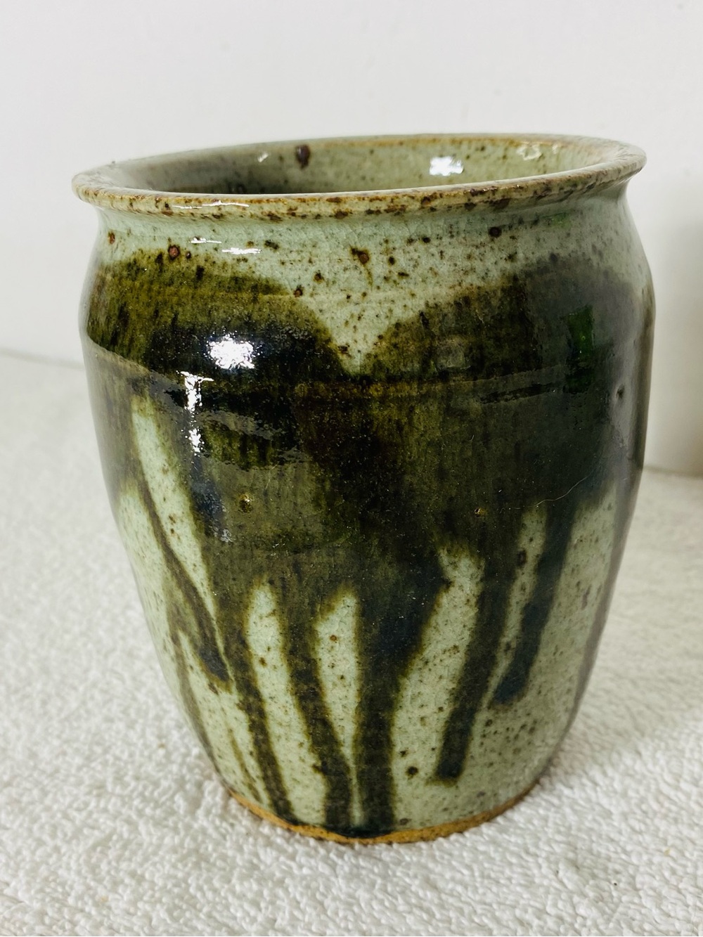 Vintage MCM Signed Studio Pottery Green Drip Glaze Utensil Holder Crock Planter